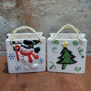 Ceramic Christmas Tree Snowman Gift Candy Bag Lot of 2